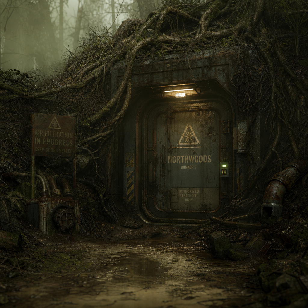 Northwoods concept art of a closed bunker surface door.