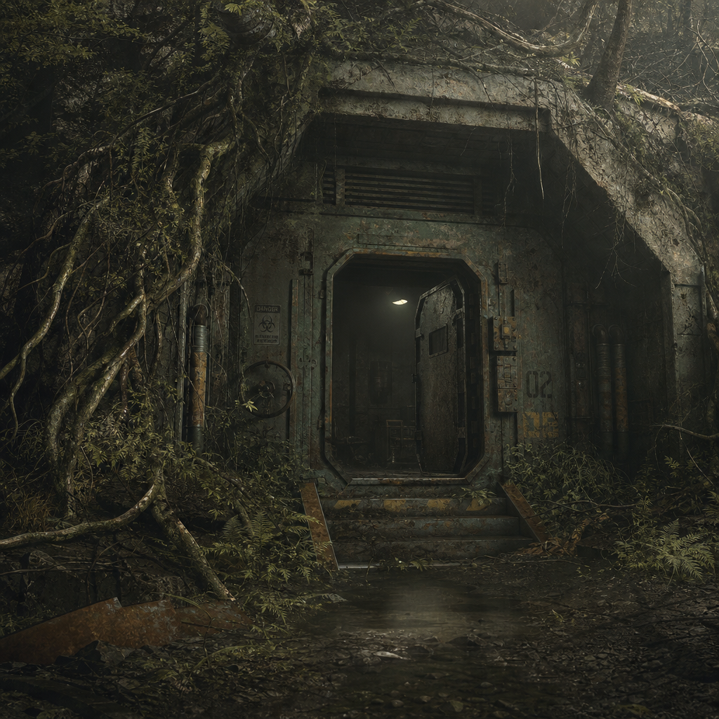 Northwoods concept art of an old open bunker entrance.
